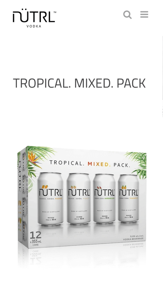 Nutrl Vodka site tropical mixed pack product page on mobile