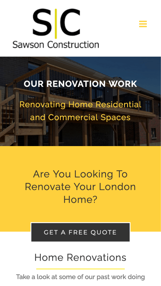 Sawson Construction site renovation work page on mobile