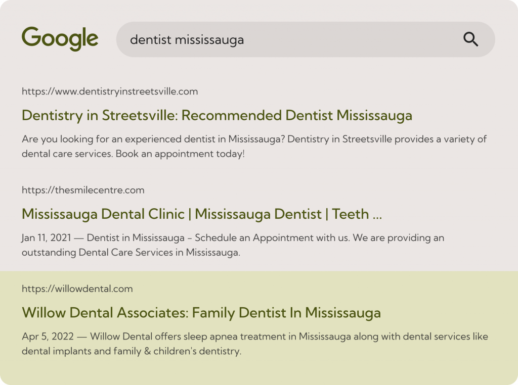 Willow Dental third search position in Google