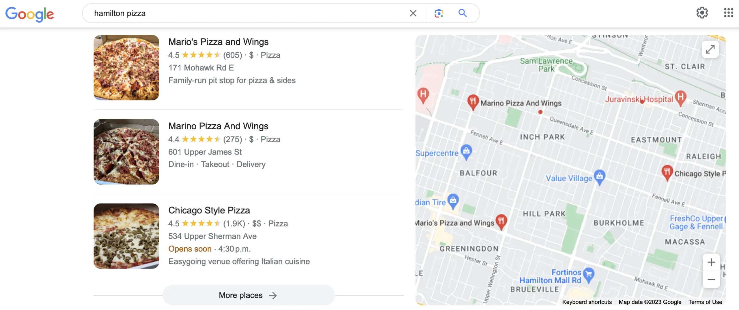 Google Maps listings for Hamilton pizza