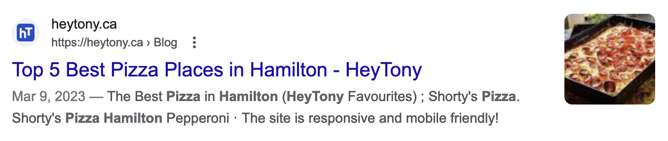 Google Search result for Hamilton Pizza