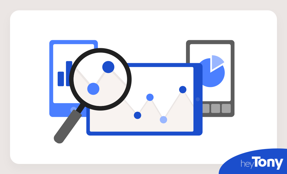 Blue Google search graphic with a magnify glass and tablets