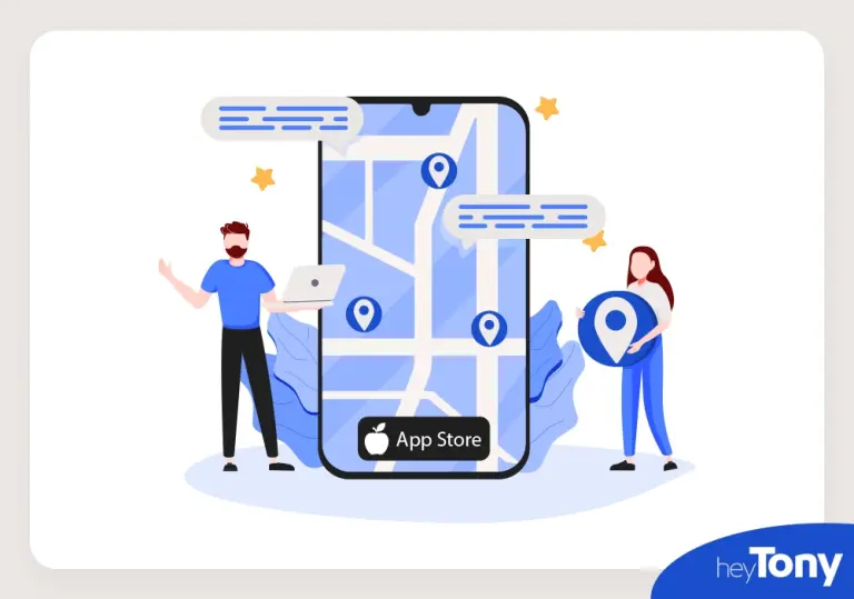Graphic of phone with map and "App Store" logo