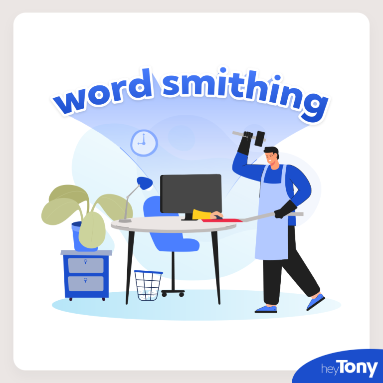 A person hammers an office workspace, floating out of the computer are letters that read "word smithing".