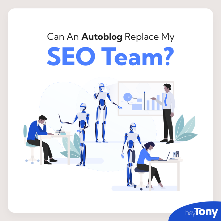 A graphic depicting robots in an office environment, learning how to autoblog from an SEO team.