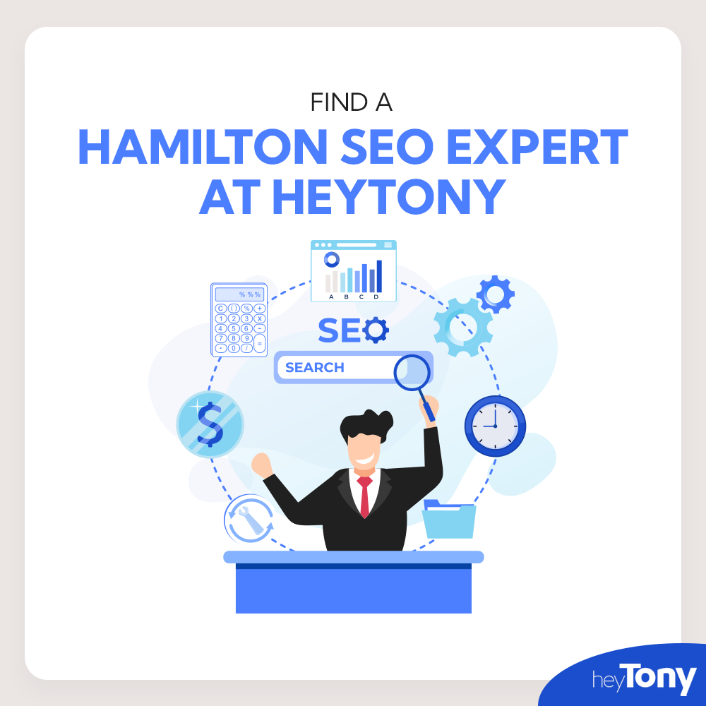 Text that says "Find a Hamilton SEO expert at HeyTony" above an illustration of someone using search and research tools.