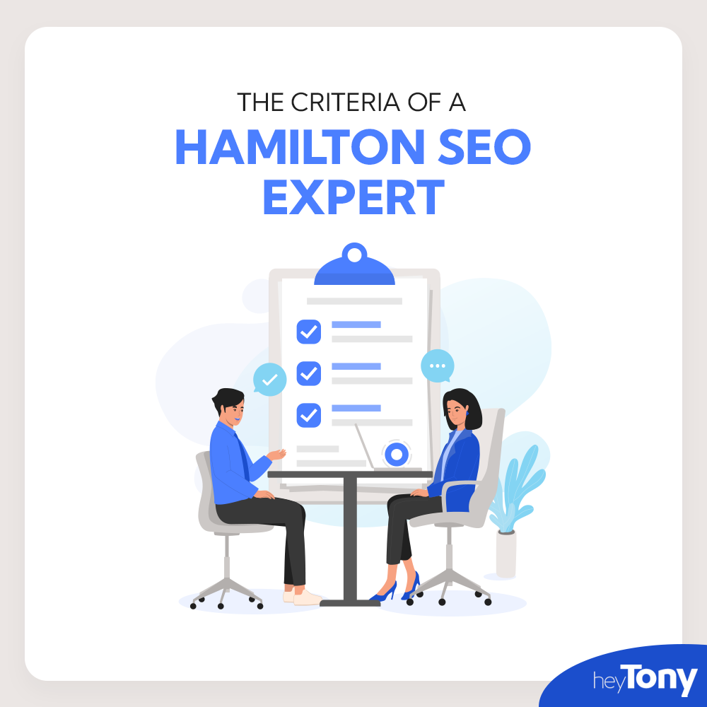 The Criteria of a Hamilton SEO Expert is written above an illustration of two professionals reviewing a checklist.